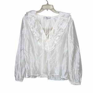Loft White Ruffled V-Neck Long Sleeve Women's Top